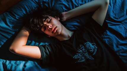 Fototapeta premium Person tossing and turning in bed, struggling with insomnia and restlessness. The scene captures the emotional turmoil and physical discomfort of a sleepless night.