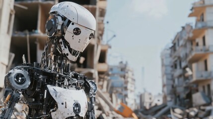 Fototapeta premium A robotic journalist reporting live from the frontline of a humanitarian crisis, urgent and journalistic setting with crisis zones and emergency relief efforts