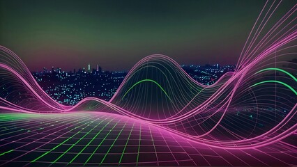 Beauiful abstract with the waves and lughts of a big city at the background