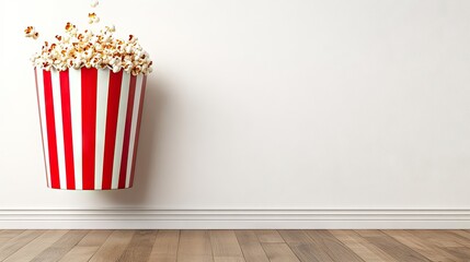 Popcorn shooting out of a vintage striped box, suspended mid-air against a minimalist white backdrop.