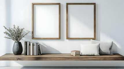 Modern Home Decor: Wooden Frames, Books, and Pillows on a Shelf