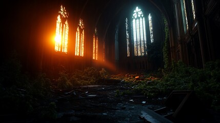 Obraz premium Sunbeams illuminate an overgrown, abandoned church with stained glass windows.