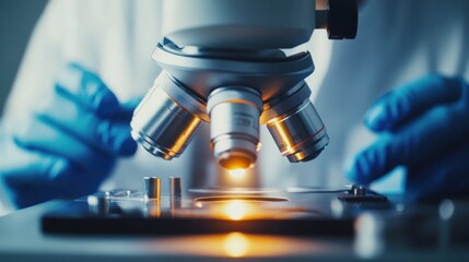 A person is looking through a microscope. The microscope has a blue lens. The person is wearing blue gloves