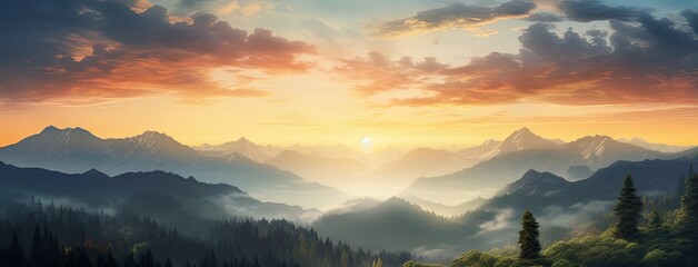Obraz premium Sunrise over misty mountains with forest in the foreground.