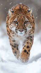 Obraz premium A majestic lynx walks confidently through a snowy landscape, its intense gaze fixed forward. The wild animal moves with precision in the cold environment.