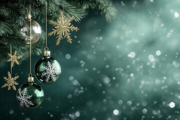 Abstract Christmas background, hanging snowflakes, glass balls and Christmas tree Holiday green New Year background for poster, cards, Christmas decor, with generative ai