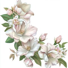 Fototapeta premium clipart cluster of pale pink and white flowers with some different shades of green leaves