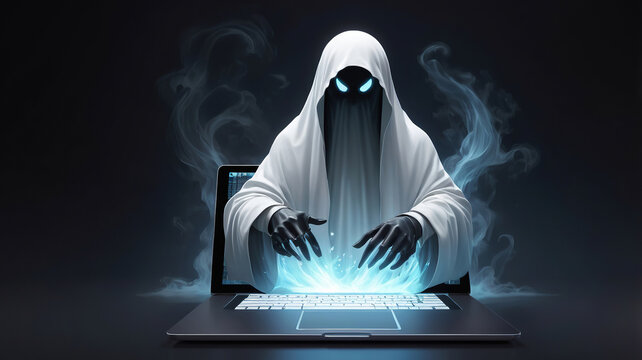 Ghostly Figure Hovering Over Laptop with Glow