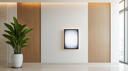 A modern interior featuring wooden accents, a minimalist artwork, and a potted plant, creating a serene and stylish atmosphere.