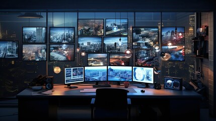 Dark office with city views and multiple monitors.