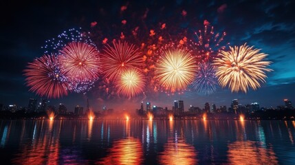 Golden and red fireworks bursting, New Yeara??s night skyline, reflecting off water, vivid light trails, grand and festive composition.