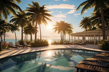Fototapeta premium Palm trees, pool, beach, and sunset.