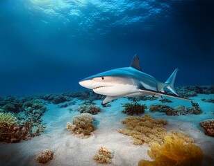 Fototapeta premium Tiburón blanco bajo el mar con olas y rocas bajo el agua, Realista