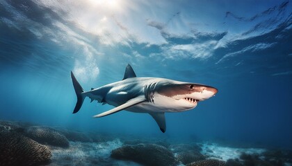 Fototapeta premium Tiburón blanco azul el mar, Realista
