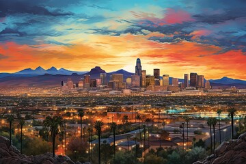 Fototapeta premium Cityscape with a vibrant sunset over mountains.