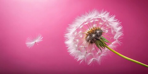 Asymmetrical dandelion spreading leaves in the wind on pink background