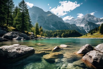 Fototapeta premium A serene mountain lake with clear water and rocks.