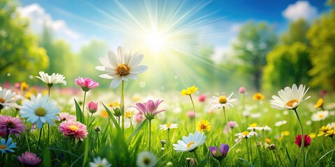 Fototapeta premium background with blossoming flowers and lush green meadow Low Angle