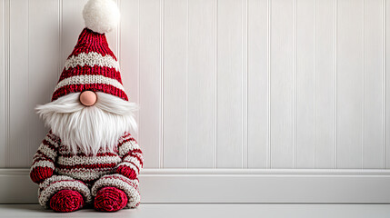 Fototapeta premium Cute Scandinavian Christmas gnome with red and white striped knit outfit, festive decoration against white background