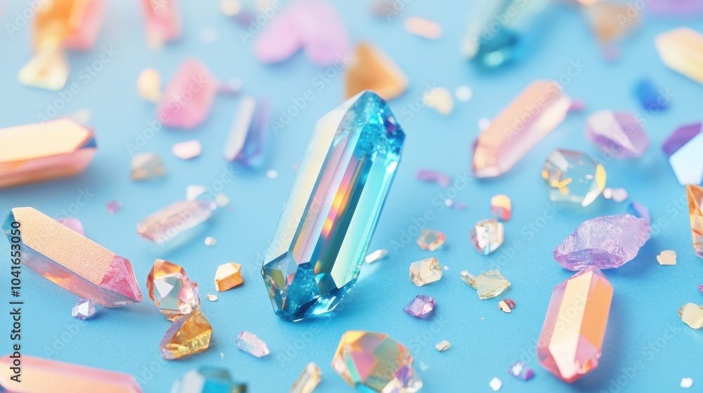 Poster various colorful crystal shards are arranged on a blue background, displaying a range of colors and 