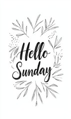 Hello Sunday text with floral elements, black on white background. Modern calligraphy lettering.