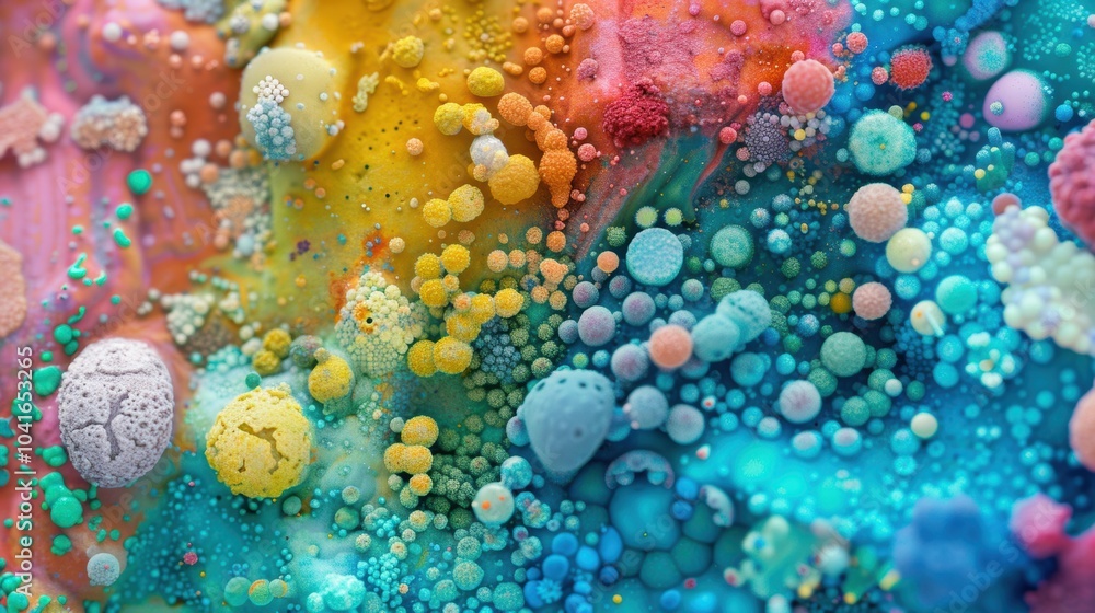 Poster a vibrant display of various microbes is examined under a microscope, revealing diverse colors and i