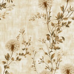 Fototapeta premium Vintage tapestry dandelion vine border pattern on vintage beige fabric background, seamless repeating pattern, textile print style, minimal, tapestry design, seamless dandelion vine border pattern