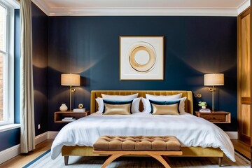 Five-star deluxe hotel room with blue color and boutique design.