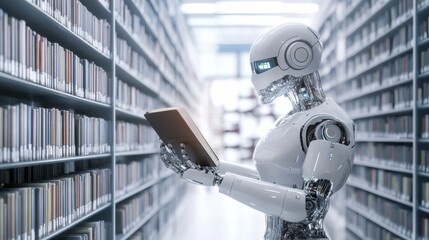 A robotic librarian organizing a vast archive of digitized books in a futuristic library, scholarly and technological setting with virtual bookshelves and digital archives