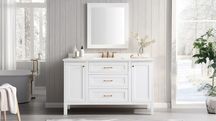 A stylish bathroom vanity featuring a cream finish, gold hardware, and a contemporary bronze faucet, set against a charming shiplap wall
