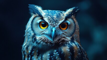 A close-up of an owl with striking orange eyes, set against a dark background.