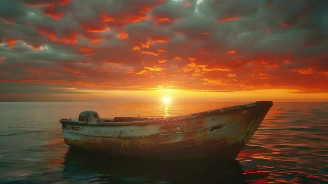 Video recreation of a deteriorated small boat in a beach at sunset