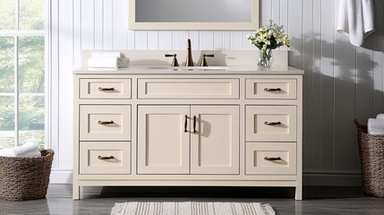 A stylish bathroom vanity featuring a cream finish, gold hardware, and a contemporary bronze faucet, set against a charming shiplap wall