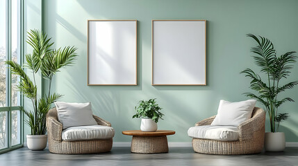 Minimalist Living Room Design with Wicker Chairs and Green Plants