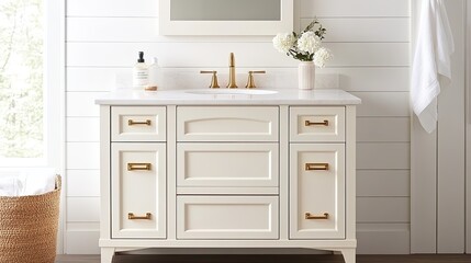 A stylish bathroom vanity featuring a cream finish, gold hardware, and a contemporary bronze faucet, set against a charming shiplap wall