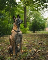 Alert Belgian Malinois in a Lush Forest