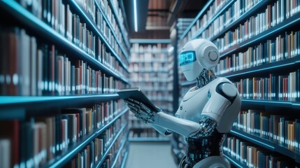 A robotic librarian organizing a vast archive of digitized books in a futuristic library, scholarly and technological setting with virtual bookshelves and digital archives