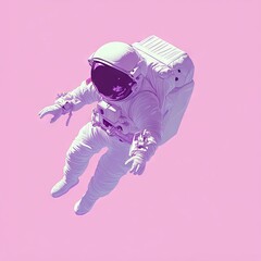 Astronaut floats in space against a pink background.