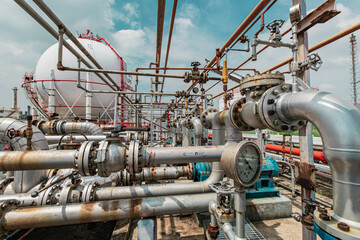 Steel long pipes and pipe elbow in station oil factory during refinery gauge valve pipeline oil