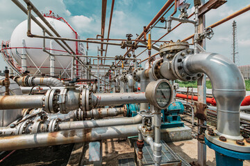 Steel long pipes and pipe elbow in station oil factory during refinery gauge valve pipeline oil