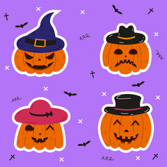 Scary Halloween pumpkin set stickers. A collection of hand drawn pumpkin with character face in different hat. Vector illustration