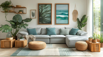 Coastal Living Room Decor with Green Accents and Natural Textures