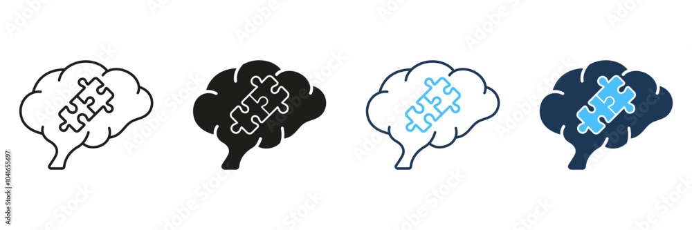 Poster puzzle and human brain line and silhouette icon set. jigsaw creative mind concept. problem solving a