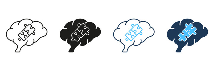 Puzzle and Human Brain Line and Silhouette Icon Set. Jigsaw Creative Mind Concept. Problem Solving and Find Solution Linear Pictogram Collection. Editable Stroke. Isolated Vector Illustration