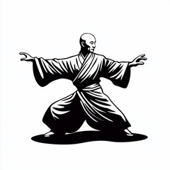 A man practices martial arts in a black and white illustration.