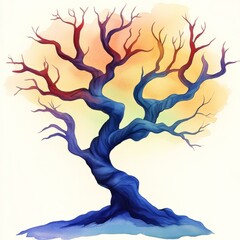 Abstract watercolor painting of a tree with a blue trunk and red branches.