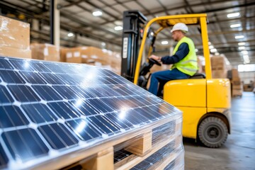 A Forklift Transporting a Large Pallet of Solar Panels Inside a Warehouse, With Safety Signs Visible in the Background, Solar Photography, Solar Powered Clean Energy, Sustainable Resources