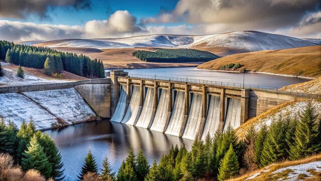 Carron Valley Reservoir Dam in Scotland during winter
