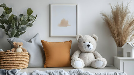 Cozy Living Room Decor with Cushions, a Teddy Bear, and Dried Flowers