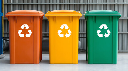 Three recycling bins in orange, yellow, and green colors with recycling symbols, placed against a gray background, promoting waste separation.
